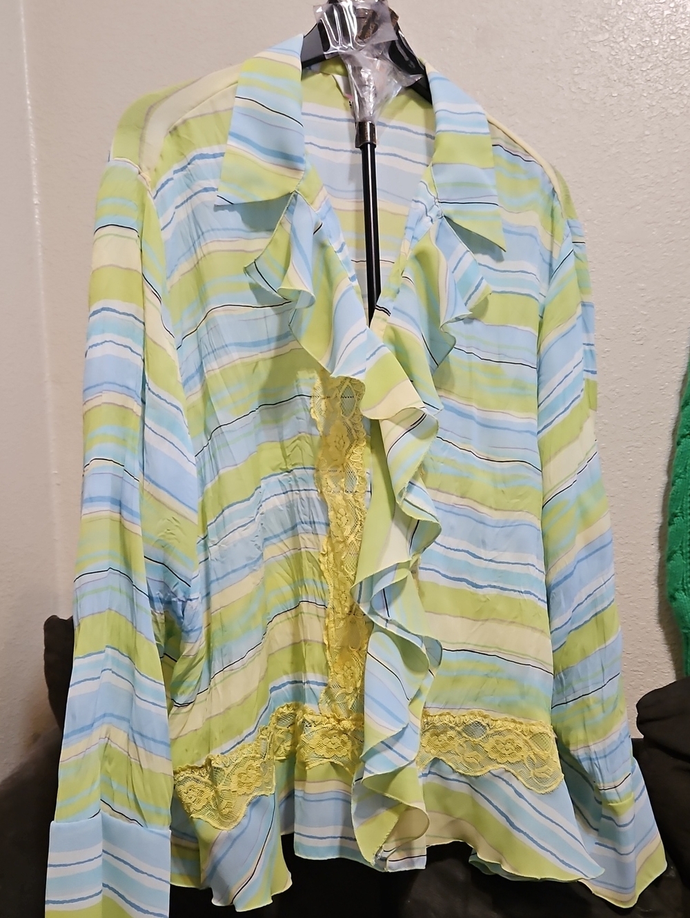 Striped Ruffle Button-Down Blouse in Light Blue & Lime